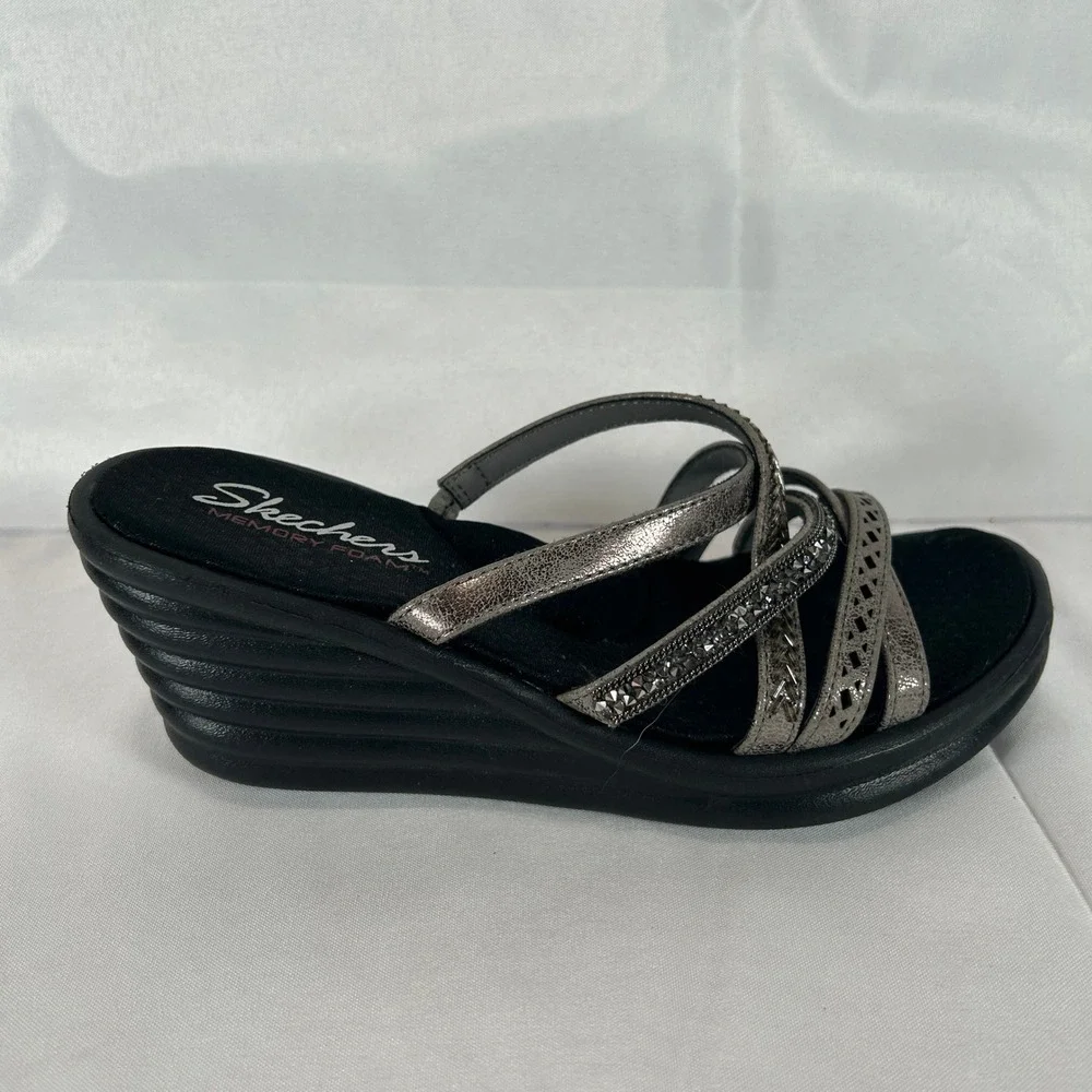 Skechers Rumblers Sci-Fi Wedge Sandals Pewter Metallic Strappy Rhinestone Size 7